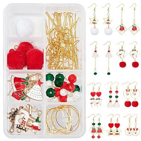SUNNYCLUE 1 Box DIY 10 Paar Weihnachten Stoffpelz Bommel Ohrring Bastelset Weihnachtsbaum Rentier Emaille Anhänger Charms Faux Nerzpelz Überzogene Anhänger Für Frauen Anfänger, Anweisung
