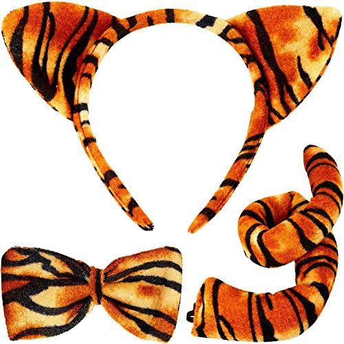 Nv Wang Kinder Tiger Stirnband,Niedlichen Katzenohren Stirnband Tierohren Schwanz und Fliege Set für Party Cosplay, 3 Pack (Tiger Streifen), M, Braun