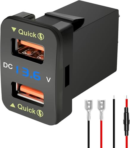 Levigo Caricabatteria da auto USB QC3.0, ricarica rapida, adatto per presa di corrente Toyota con 2 interfacce foro interruttore display misuratore di tensione a LED 12/24 V, modello nero (33 x 23 mm)