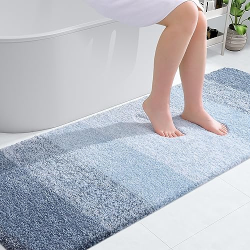 OLANLY Luxuriöse Badezimmerteppichmatte, extra weiche und saugfähige Mikrofaser-Badteppiche, Rutschfester Plüsch-Shaggy-Badteppichläufer, maschinenwaschbar, trocken, 24x70, Blau