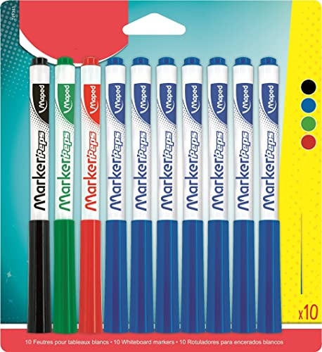 Maped - Box mit 10 trocken abwischbaren Marker'Peps Filzstiften, mittlere Spitze 1,5 mm – Farben: Blau x 7, Schwarz x 1, Rot x 1 und Grün x 1