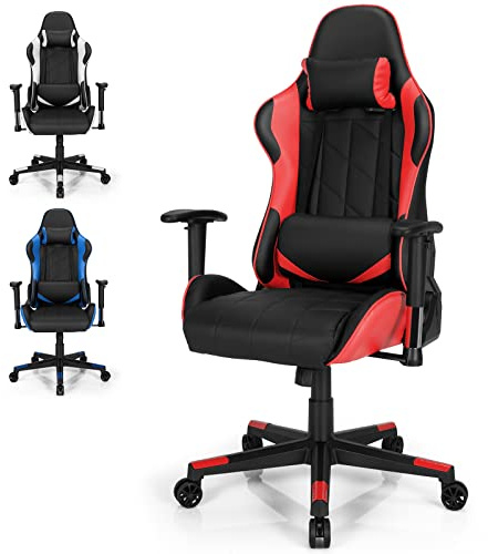 GOPLUS Chaise Gaming, Fauteuil Gamer Ergonomique avec Dossier/Siège/Accoudoirs Réglables, Chaise de Bureau Rotative avec Appui-tête et Oreiller Lombaire, Base à 5 Griffes Robuste (Noir et Rouge)