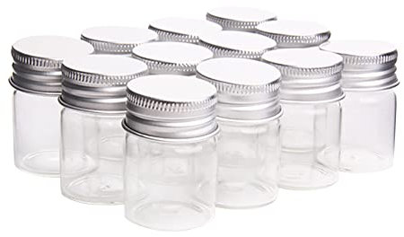 JIHUOO 12 Pcs 15ml Empty Clear Glass Bottles Mini Spice Jars Tiny Vials Small Makeup Sample Containers with Screw Aluminum Caps Lids