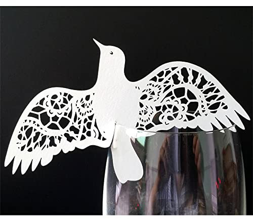 GIVBRO 50 Stück Vögel Tischkarte Taube Namenskarte Grußkarte für Geburtstag Weinglas Tasse Blumenstrauß Dekoration weiß