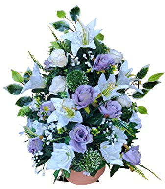 DRW Centro de Flores Artificiales Cementerio, Santos, Aniversarios Rosas malvas y Blancas y liliums 50 cm Ancho x 60 cm Altura x 25 cm Profundidad (Aprox)