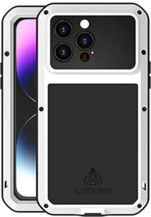 LOVE MEI for iPhone 14 Pro Max Case, Outdoor Heavy Duty Military Bumper Aluminum Metal Shockproof Dustproof Anti-scratch Full Body Protection Case with Tempered Glass for iPhone 14 Pro Max (White)