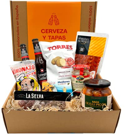 MAS PRODUCTOS ESP - Spanische Geschenkbox Cerveza y Tapas - Bier Geschenke für Männer – Präsentkorb für Männer – Männer Geschenk – Bier Dosen Geschenkbox – Geschenke für Männer Geburtstag