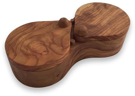 medina mood Tarro para especias de 2 compartimentos, salero y pimienta, hecho a mano en madera de olivo