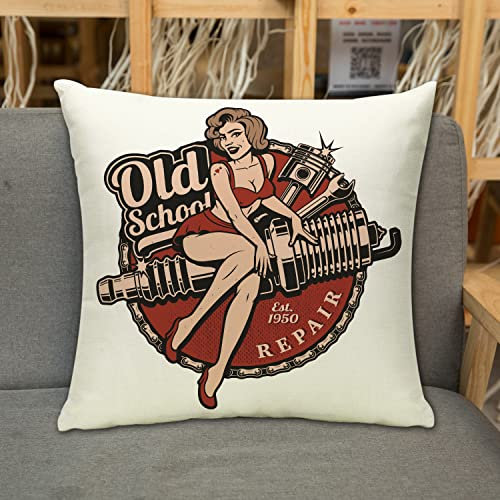 Kissenbezug Zierkissenbezug Dekorative,Zündkerzen-Pin-up-Girl-Kolben und Schraubenschlüssel-Vintage-Syle-Farbe Alle Texte sin,Dekokissen Deko mit Verstecktem Reißverschluss für Sofa Büro Bett 45x45 cm