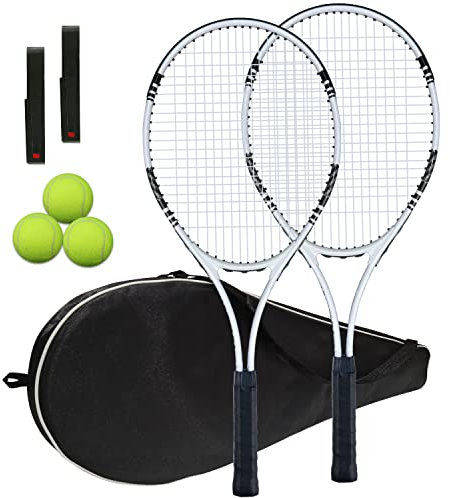 Tennisschläger für 2 Spieler, Freizeit für Erwachsene, leichte Tennisschläger für Anfänger, Studenten-Training, Tennisschläger-Set mit Tragetasche, Tennisbälle (weiß/schwarz, 2 Schläger-Set)