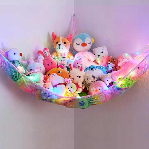 MHJY Toy Hammock Stuffed Animals Toy Storage Net with LED Light Large Corner Hanging Soft Cuddly Plush Mesh Organizer with Remote Control for Kids Nursery Bedroom