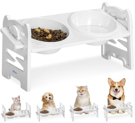 Gamelle Chat Surélevée Double Inclinable à 15° Avec Support, Bol pour Nourriture & Eau, Hauteurs Réglables 6 en 1, Anti-vomissement pour Chat et Petit Chien