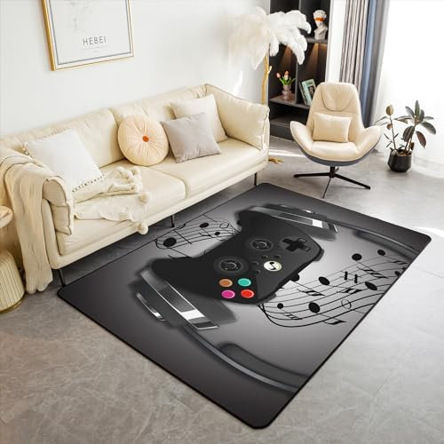 Homewish Tapis Salon 100x150 de Zone Gamer, Tapis d'intérieur Casque D'Écoute Noir Gris Design Musical, Tapis Chambre Gamepad pour Enfants Garçons, Décoration de Salle de Jeux Vidéo Tapis Rétro