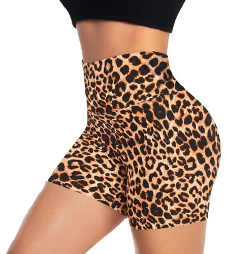 ACTINPUT Radlerhose Damen Kurze Shorts High Waist Sporthose Leggings Blickdicht Hotpants Unterhose Boxershorts Sommer(Leopard,S-M)