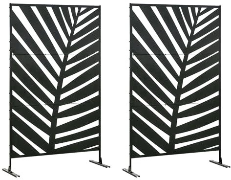 Outsunny Lot de 2 paravents séparateur de Jardin closion de séparation 3 Panneaux décoratifs extérieur à Motif végétal en Acier - 122 x 45 x 198 cm Noir