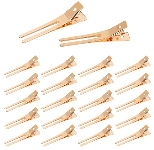 Beayuer 20pcs Hairdressing Double Prong Curl Clips, 1.8in Curl Setting Section Hair Clips Metal Alligator Clips Hairpins for Hair Bow Great Pin Curl Clip Styling Clips for Salon Barber (20 Pcs, Gold)