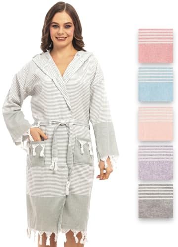 Heré Mood Bademantel aus Hamamtuch, Saunatuch, Sauna bademantel damen für ultimativen Luxus, mit Gürtel & Kapuze - Langform Frauen (S-M, Khaki)