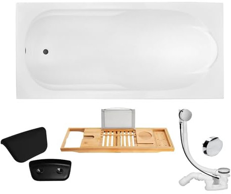 KOLMAN Badewanne Rechteck Wanne 190x80 Ablauf + Badkissen Schwarz KODI + Bambus Ablage + Füße