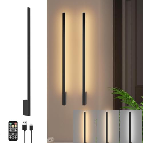 Klighten 10000 mAh Applique da Parete Interno Dimmerabile Batteria Operata,2PCS Lampada da parete Senza Fili con Telecomando,Lampada da Muro Batteria Ricaricabile USB,3000K-6000K,100 cm,6W,Nero