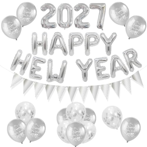 HOWAF Silvester Deko 2027 Silber, Silvester Luftballons 2027 Ballon Folienballons Banner für Silvesterparty Neujahr Deko, Happy New Year Deko