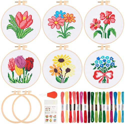 JSRQT 6 Sets Blumen Kreuzstich Starterset Anfänger, Kunst Näh Stickset für Erwachsene Kinder, Nadelspitzen Stickset Handgemachtes Stickerei Set mit 2 Stickrahmen für Bastelliebhaber Stickereibedarf