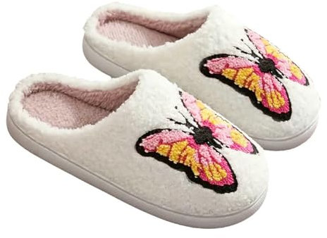 NIBESSER Pantofole Invernali Donna Pelose Calde Ciabatte Uomo Invernali con Pelo Morbide Ciabatte Casa Pantofole Peluche Donna Antiscivolo Slippers, Farfalla Rosa, 42/43 EU
