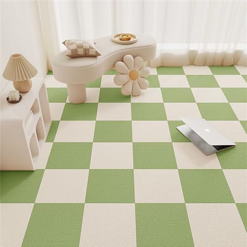 Self Adhesive Carpet Tiles 30X30cm Non Slip Hardwearing Square Tiles Peel and Stick Floor Tiles for Office Living Room Bedroom Light Green Carpet Tiles (15 Pcs)