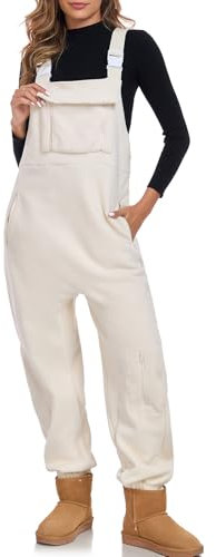 ALSOGO Jumpsuits für Damen Lässiger Latzhose Arbeitshose Fleece Warme Overalls Casual Work Winter Latzhosen mit Taschen Beige XL