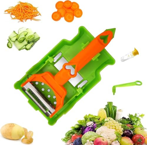 MUMQAQ Pelador Multifuncional, Pelador de Frutas y Verduras, Doble Cuchilla, Tiras en Juliana, Exprimidor de Limón, Acero Inoxidable, Verde