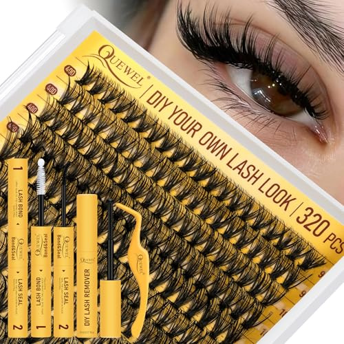 QUEWEL Clusters Lashes Kit 320 Pcs Individual-Lashes Kit, Waterproof Lash-Clusters Bond and Seal, Eyelash Clusters Applicator with Cluster-Lashes Glue Remover (QD-40D-kit)