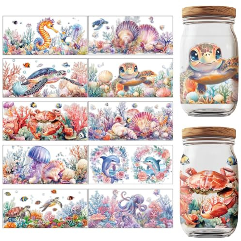 GOMAKERER 10 Blatt UV DTF Cup Wraps 10 Stile Ozean Thema Aufkleber Cartoon Rubbelbilder Wasserfest Transferaufkleber Für Glas Tassen Holz Handwerk