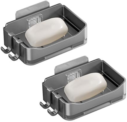 2 Stück Seifenschale mit Abtropfschale, Selbstklebend Seifenschalen für Dusche, PHMING Seifenhalter Ohne Bohren, Wandmontiert für Badezimmer (Haken Inklusive)