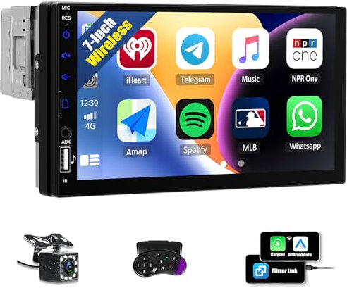 CAMECHO Autoradio 1 Din Wireless Carplay Android Auto Bluetooth Radio con Telecamera Posteriore, 7 Pollici LCD Touchscreen HD Schermo con Mirror Link Controllo del Volante +USB AUX SD Card Connettori