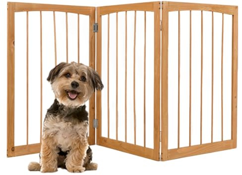GYMAX Wooden Pet Gate, Foldable 3 Panels Stair Gate, Solid Wood Frame, 76cm High Freestanding Safety Doorway Dog Barrier (Natural)