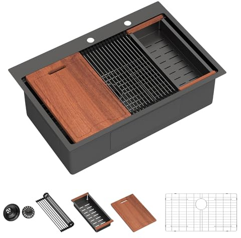 Lordear 33 Drop In Kitchen Sink Matte Black - 33X22 Inch Drop In Sinks Ledge Workstation Black 16 Gauge Stainless Steel Single Bowl Topmount Kitchen Sink Basin with Built- in Accessories