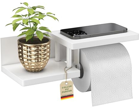 ElbFuchs® Toilettenpapierhalter Holz Bambus komplett weiß [KLEBEN oder Bohren] | hochwertiger Klopapierhalter ohne Bohren mit Ablage | weiß | Klorollenhalter | WC Rollenhalter