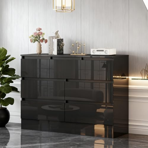 TRIOBLADE High Gloss Chest of Drawers 6/7/8 Drawers Modern Wooden Storage Unit No Handle with Metal Runners Bedside Table Cabinet for Bedroom Living Room Hallway (Black, 7 Drawer Chest of Drawers)