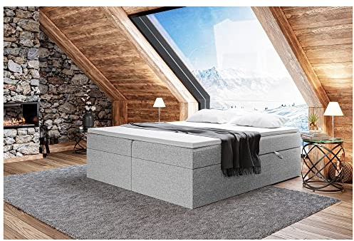 MEBLINI Boxspringbett mit Bettkasten - 160x220 - H4/Grau Webstoff - Lionel - Gepolstert Doppelbett mit Matratze und Topper - Polsterbett mit Stauraum - Bett ohne Kopfteil - Stauraumbett