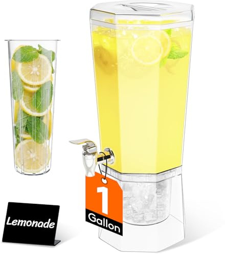 Lifewit 4L Drink Dispenser with Tap, Plastic Beverage Dispenser for Party with Stand & Ice Core, Clear Water Containers with Lid for Juice/Lemonade/Soda/Tea, BPA Free