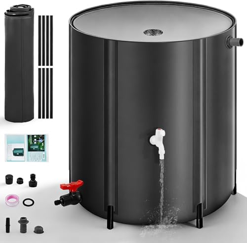 200L Rainwater Collapsible Collection System, Portable Water Butt with Stand & Tap, PVC Garden Water Storage Tank, Foldable Rain Barrel with Filter, Spigot & Overflow Kit, Space-Saving Water Catcher