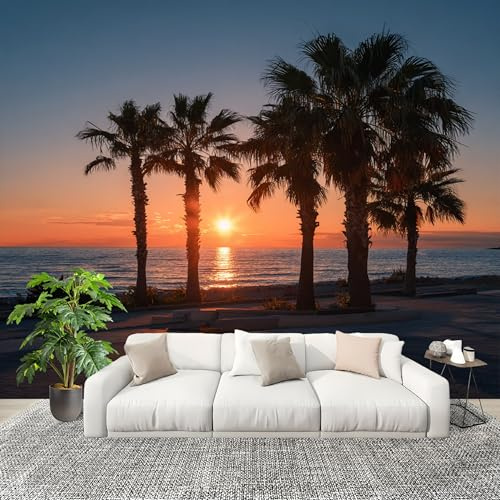 Générique Papier Peint Photo Auto-Adhésif 300x210 cm Plage Coucher De Soleil Palmiers Peler Et Coller 3D Panoramique Papier Peint Couleur Orange Fresque Murale HD Intissé Poster Geant Stickers muraux