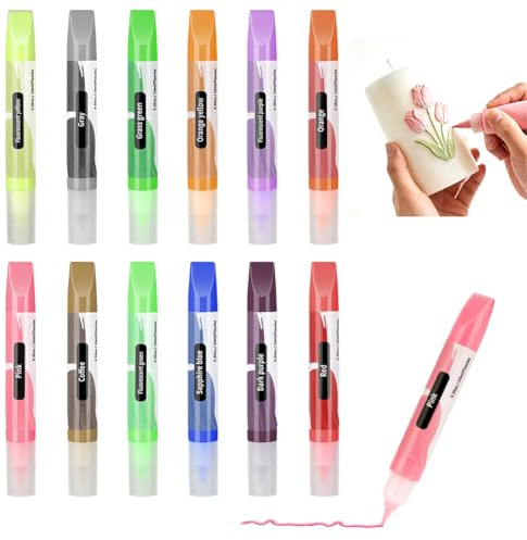 Alaoo Premium 12er Set Kerzenstifte á 10ml leuchtende Farben | 12 Kerzen selber Machen Set, 12 Stück Kerzenstifte, Keramik Bemalen Set, Taufkerze Selber Mache, Candle Pen für Kerzen