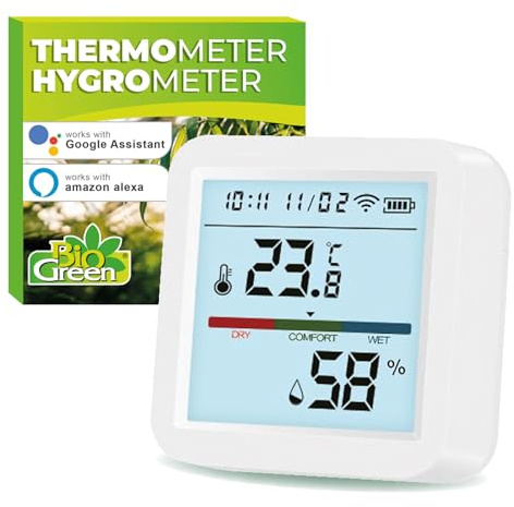 BioGreen digitales Thermometer & Hygrometer CLIMABUDDY, WiFi, kompatibel mit Alexa, Alarm bei Grenzwertüberschreitung, Smart Raumthermometer, Feuchtigkeitsmessgerät, Raumklima Sensor
