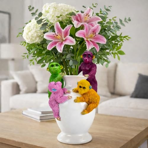 Tischvase in Weiß mit 4 bunten Affen mit goldfarbigen Akzenten besetzt - Deko Vase 33 cm groß - rund, modern, stilvoll, besonders