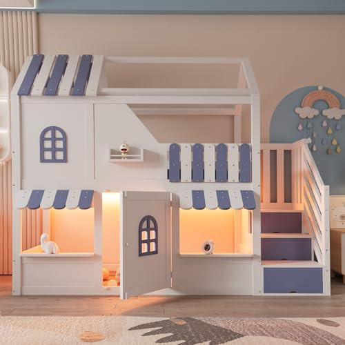 Kinderbett Hochbett 90 x 200 cm, Stauraumtreppe mit Handläufen, Etagenbett Hausbett mit Fenstern, Dach, Dachüberstand, Geländer und Tür, Hausförmiges Einzelbett aus Holz (Weiß+Blau, 90cm*200cm)