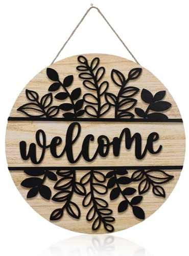 2D Black Leaf Welcome Door Sign Wooden Hanging Sign Rustic Front Door Hanger Farmhouse Wall Sign Boho Outdoor Sign Hanging for Indoor Outdoor Farmhouse Home Porch Window Decor