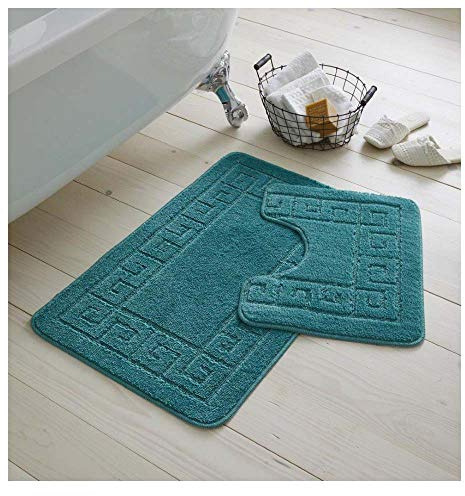 De Lavish Bath Mat Set 2 Piece Non Slip Rubber Pedestal and Bath Mat Set Toilet Greek Bathroom Rug New (Teal)