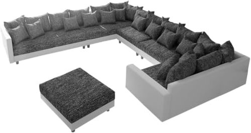 DELIFE Couch Clovis XXL Weiss Schwarz mit Hocker u. Armlehne Ottomane Links