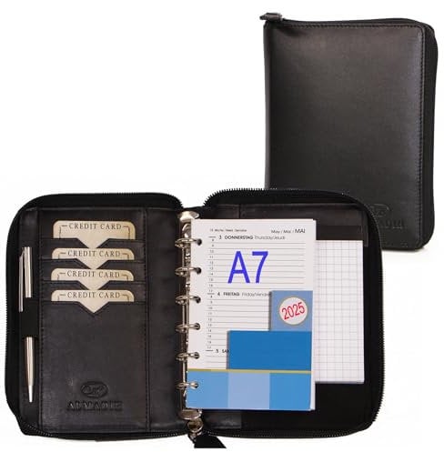 ALMADIH Leder A7 Organizer mit Reißverschluss Kalender 2025 Notizblock Premium Rindsleder Schwarz in Geschenkbox Ledermappe Mappe Schreibmappe Terminplaner Terminkalender Ringbuchmappe (Schwarz)
