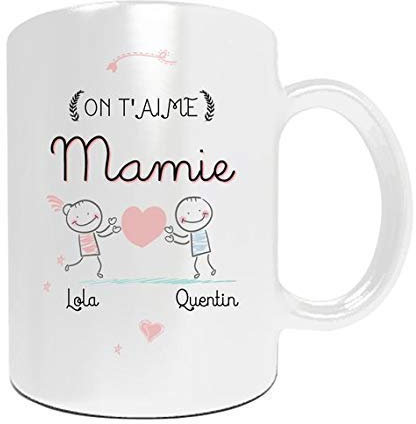 ÉNJA Création Mug personnalisé Mamie avec prénoms des petits-enfants – Cadeau original pour la Fête des Grands-Mères, Noël, Anniversaire ou toute autre occasion spéciale